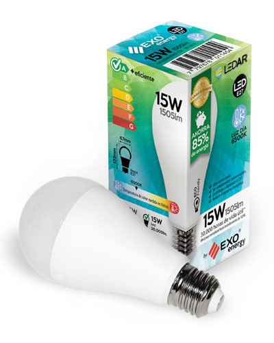 Bulbo led de 15W, equivalente a 75W. Disponible en 3000k, luz cálida y 6000k, luz día