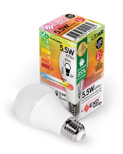 Bulbo led de 5.5W, equivalente a 45W. Disponible en 2700k, luz cálida y 6500k, luz día