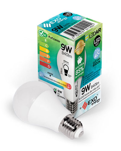 Bulbo led de 9W, equivalente a 65W. Disponible en 3000k, luz cálida y 6000k, luz día